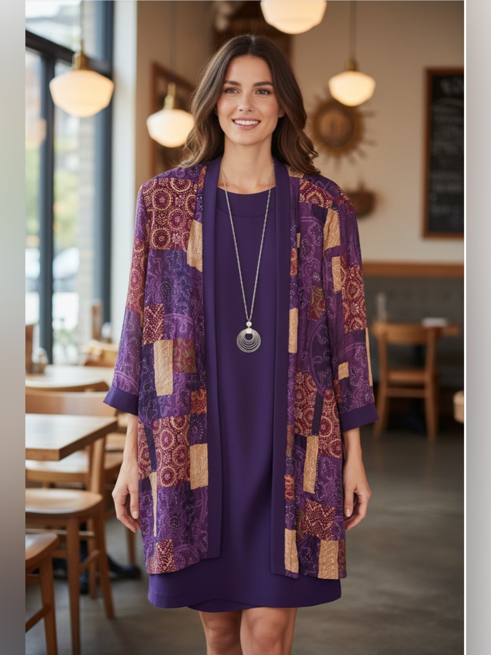 R&M Richards Two Piece Printed Purple and Tan Petite Jacket and Dress Set- 14P